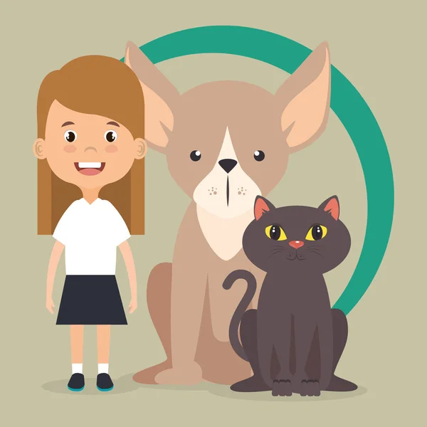 Chica con personajes de perro y gato — Vector de stock