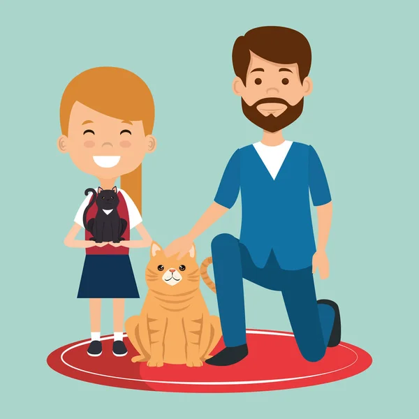 女孩与猫和兽医医生字符 — 图库矢量图片
