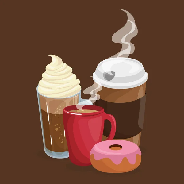 Leckere Kaffee-Plastikkanne und Donut — Stockvektor