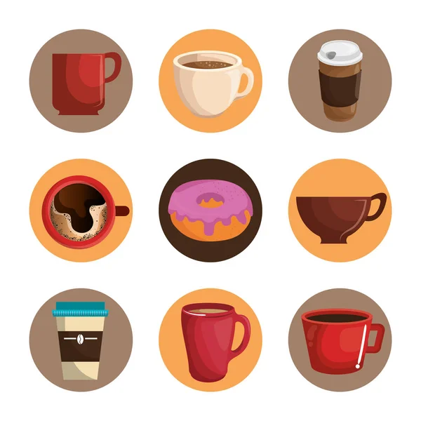 Кофе и пончики набор икон — стоковый вектор