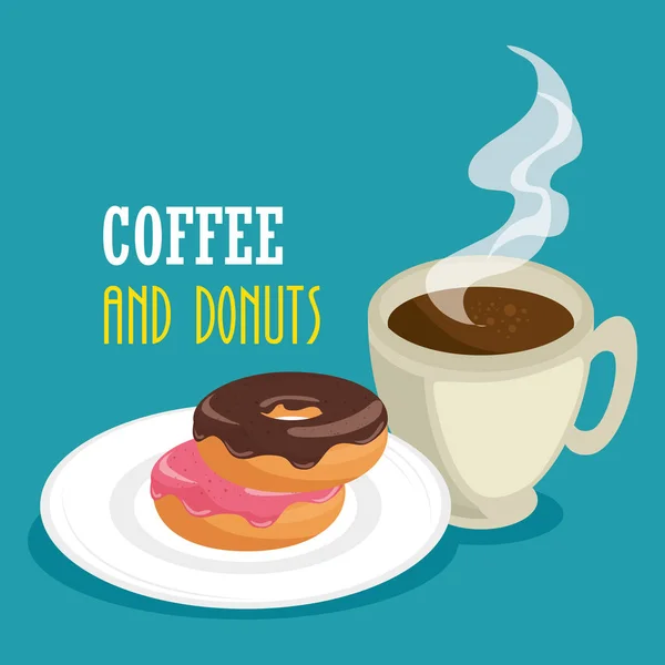 Deliciosa taza de café y donas — Vector de stock