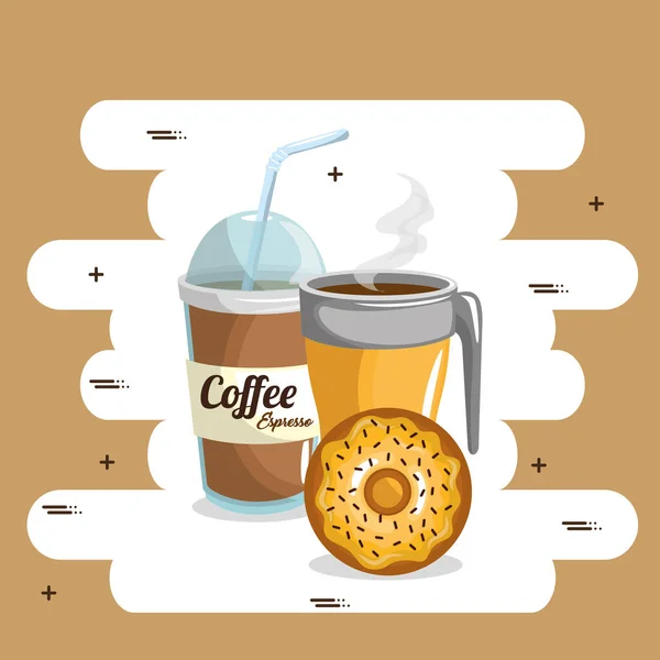 Delicious coffee plastic pot and donut — Stock Vector