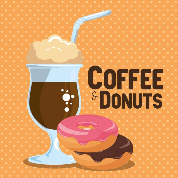 Heerlijke ijskoffie koffiekopje en donuts — Stockvector