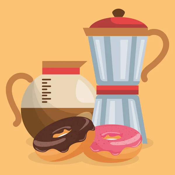 Вкусный кофе в чайнике и пончиках — стоковый вектор