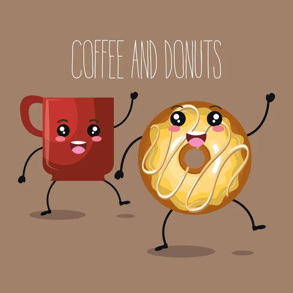 Смачна чашка кави та пончики персонажа каваї — стоковий вектор