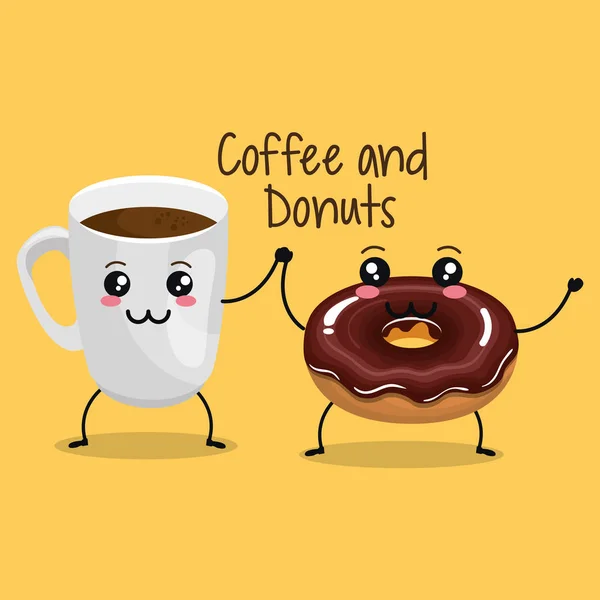 Heerlijke koffie kopje en donuts kawaii karakter — Stockvector