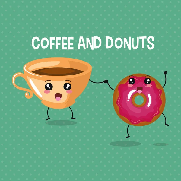Смачна чашка кави та пончики персонажа каваї — стоковий вектор