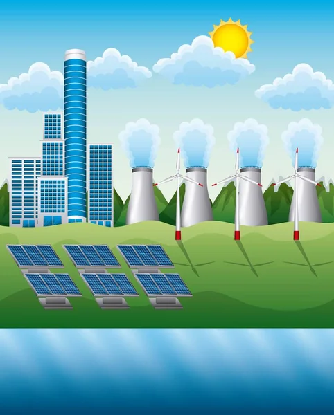 Composición de generación de electricidad con paneles solares de pilones eléctricos de centrales eléctricas — Archivo Imágenes Vectoriales