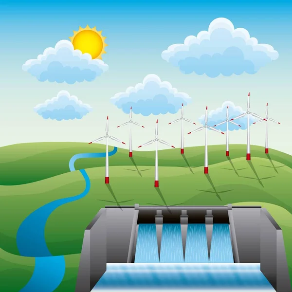 Hydro-elektriciteit dam windmolens landschap water elektriciteit creative hernieuwbare — Stockvector