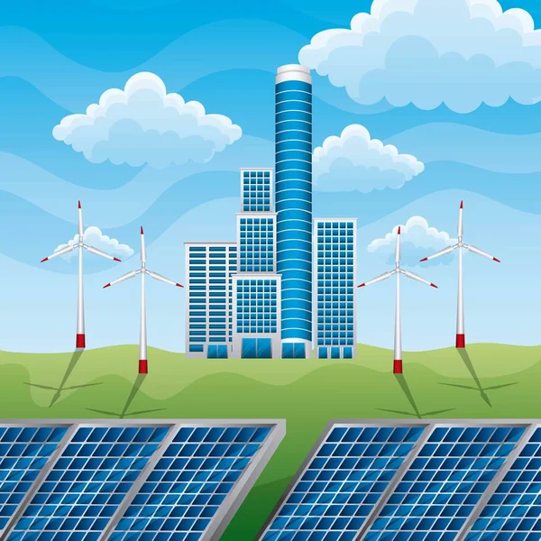 Green eco factory building with electric solar panels and wind turbines — Stock Vector