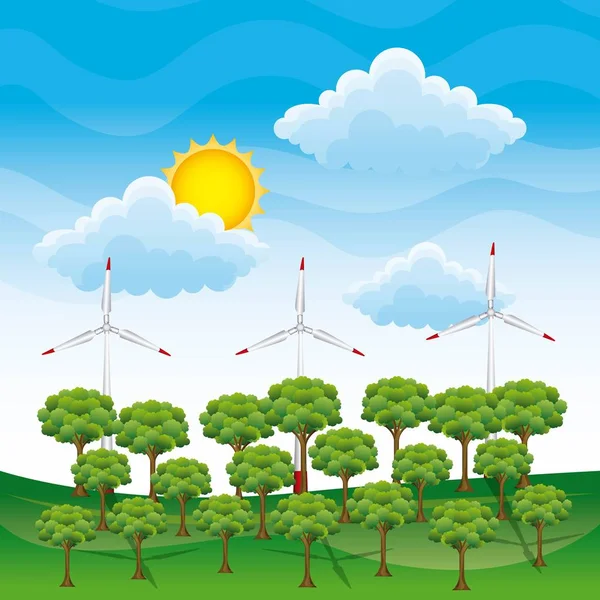 Ren energi - landskap skog och vind turbiner makt — Stock vektor