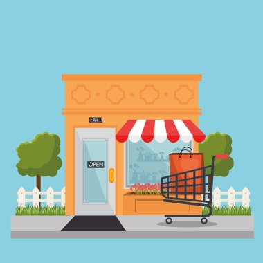 alışveriş sepeti ile bina açık mağaza