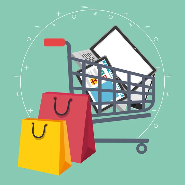 Shopping cart with marketing set icons — Stock Vector