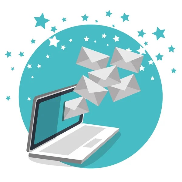 Laptop com envelopes de e-mails — Vetor de Stock