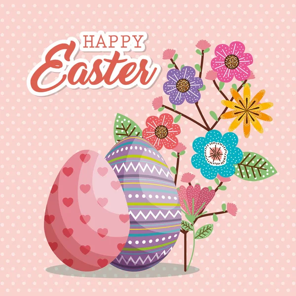 Eggs painted and flowers happy easter card — Stock Vector