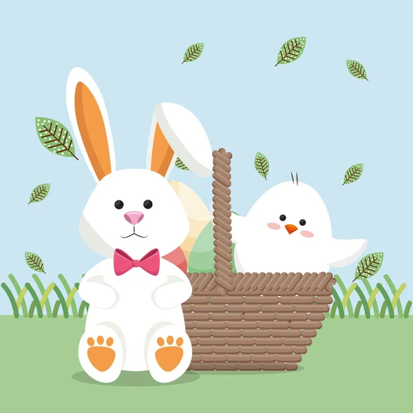 Пасхальная открытка для цыплят и кроликов — стоковый вектор