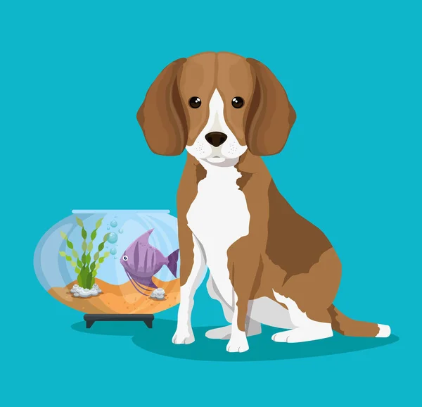 Cuenco acuario con peces y perros — Vector de stock