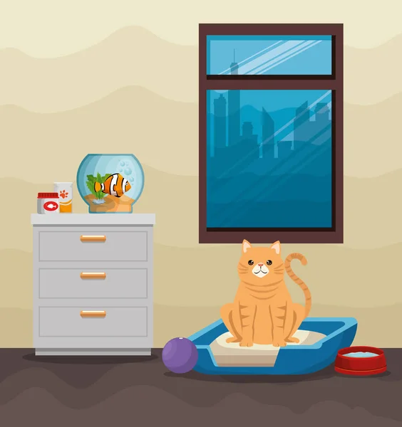 Skål akvarium med fiskar och katt — Stock vektor