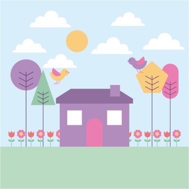 manzara bahar ev ağaç kuşları çiçekler pastel renk