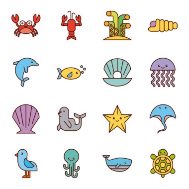 Deniz hayat simgeler düz ayarlamak çizmek