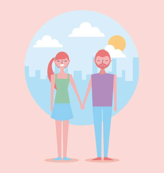 Happy couple holding hands on background of skyscrapers in city — Stock Vector
