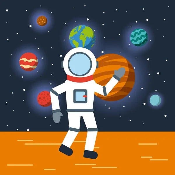 Astronaut zonnestelsel plat — Stockvector