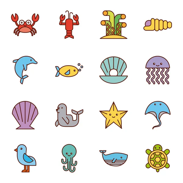 Sea life icons set flat draw — Stock Vector