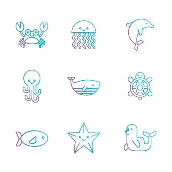 Sea Life Ikonen setzen flache Zeichnung — Stockvektor