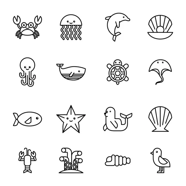 Zee leven pictogrammen instellen platte tekenen — Stockvector