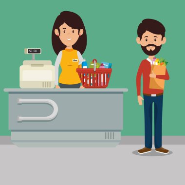 üniformalı kadın kasiyer ile supermaket mağaza sayaç Masası