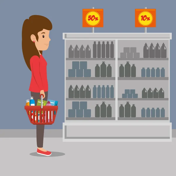 Pessoas fazendo compras no supermercado com oferta — Vetor de Stock