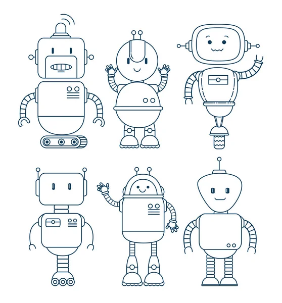 Black and white set of cute cartoon robots technology — Stock Vector