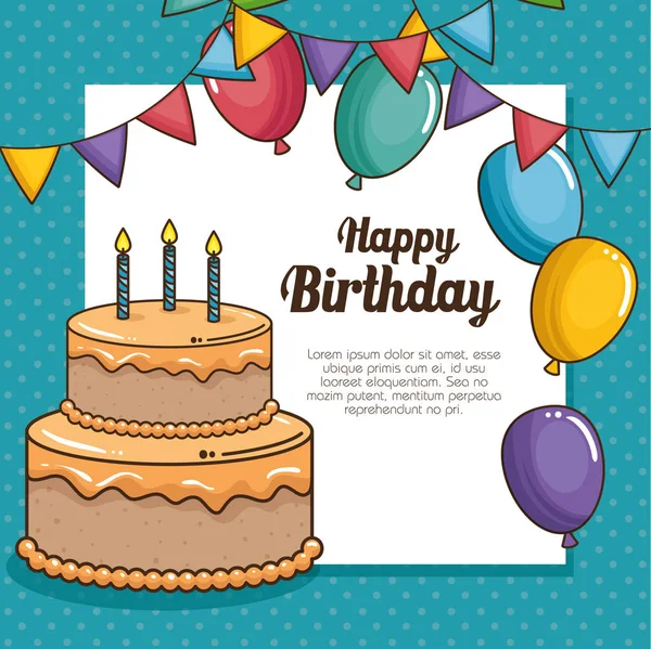 Χαρούμενα γενέθλια τούρτα και μπαλόνια σχεδιασμού — Διανυσματικό Αρχείο