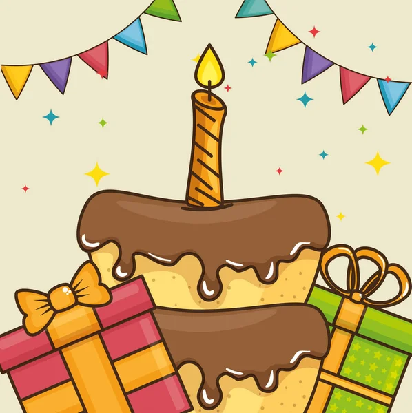 Happy birthday cake and gifts design — Stock Vector