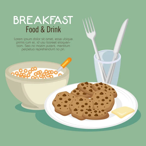 Conceito de café da manhã com alimentos e bebidas — Vetor de Stock