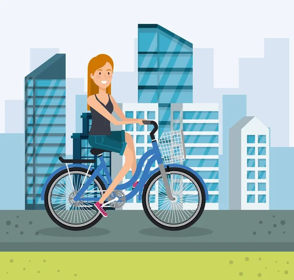 Mujer joven con bicicleta en el parque — Vector de stock