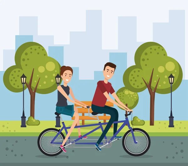 Jóvenes con bicicleta en el parque — Vector de stock