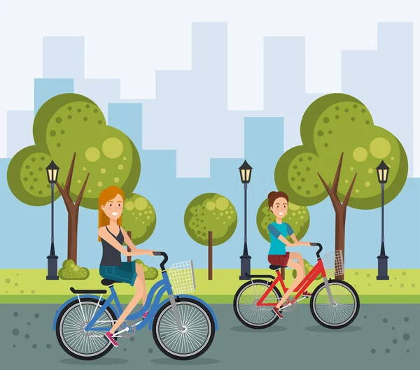 Mujeres jóvenes con bicicleta — Vector de stock