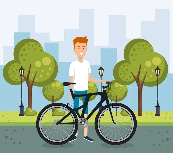 Joven con bicicleta en el parque — Vector de stock