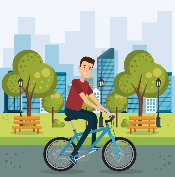 Junger Mann mit Fahrrad im Park — Stockvektor