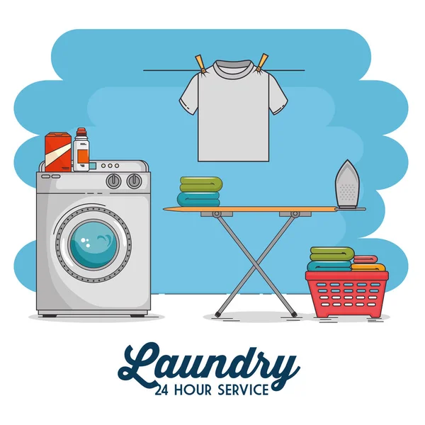 Tvättstuga med tvättmaskin och kläder — Stock vektor