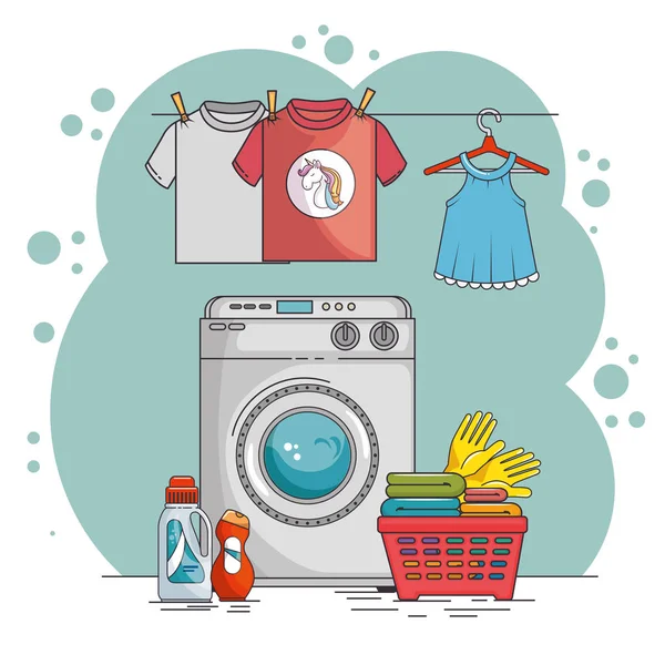 Buanderie avec lave-linge et vêtements — Image vectorielle