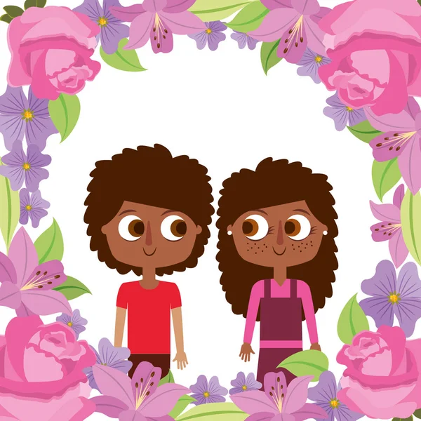 Söta bror och syster med ram blommor — Stock vektor