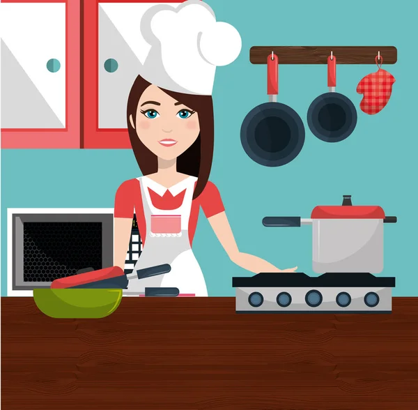 Mujer linda cocina en la cocina — Vector de stock