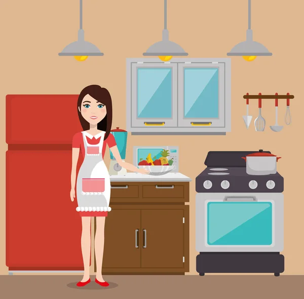 Carino donna cucina in cucina — Vettoriale Stock