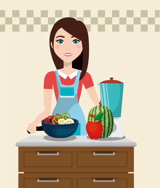 Mujer linda cocina en la cocina — Vector de stock