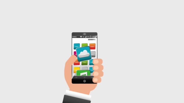 Ruka drží mobilní aplikace pro různé sociální mediálních položek — Stock video