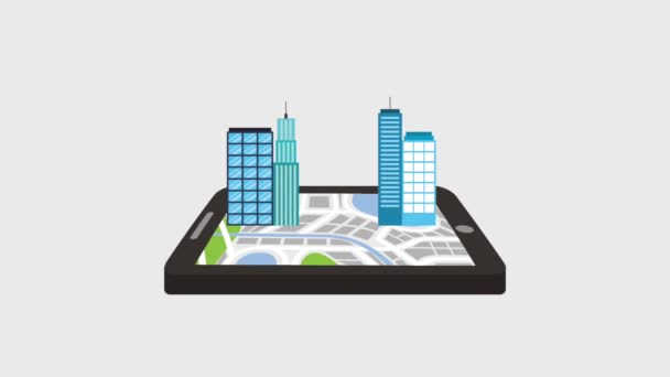 Mobiele gps navigatie aanwijzer kaart en gebouw stad 3d — Stockvideo