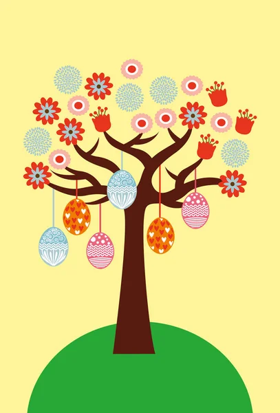 Carino albero decorativo delicato con fiori e uova di Pasqua — Vettoriale Stock