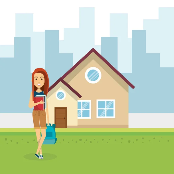 Young woman outside house — Stock Vector
